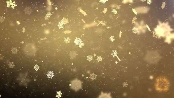 Golden confetti flocos de neve e luzes bokeh no fundo Red loop 4k 3D. 2022 2023 2024 — Vídeo de Stock