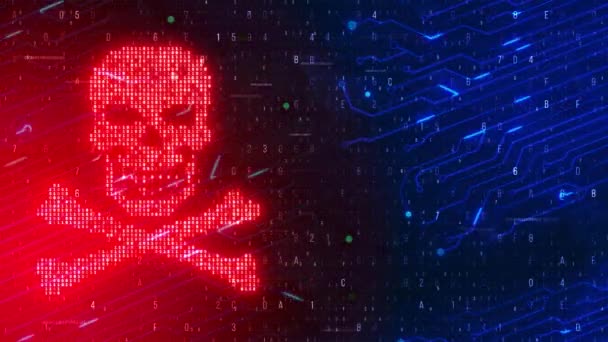 Cráneo de virus digital y huesos cruzados en el robo de datos de código binario Fondo digital. HACKED. — Vídeo de stock