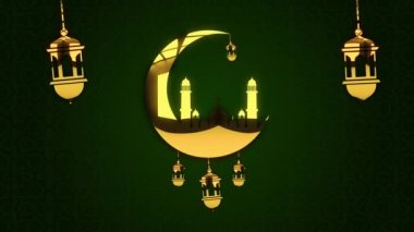 Ayla Mübarek Canlandırma Grafikleri ve İslami Yeşil Mandala Arkaplanı ile Mescid.