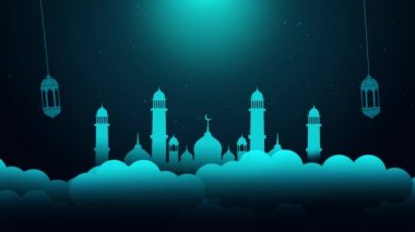 Canlandırılmış altın fener ve yıldız siyah mavi İslami arka plan.