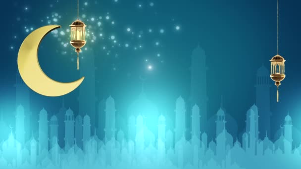 Il mese santo dei musulmani, Ramadan. Luna d'oro, stelle e Ramadan Lanterna 3d Loop animazione 4K. — Video Stock