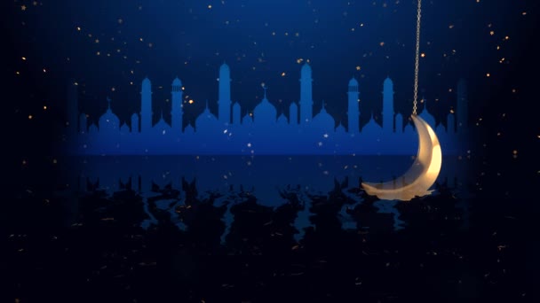 Аннотация Traditional Eid Mubarak Islamic Loop backgrounds animation, moon on water surface. — стоковое видео