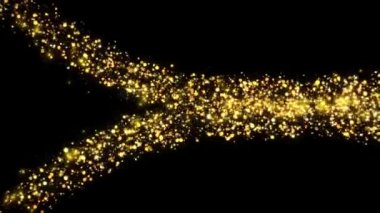 Parlak altın tozlu parçacıklar siyah arka planda parlıyor.