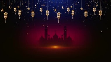 Altın Bayram Mübarek Kutlama Kartı Tasarımı Fenerli ve Hilal Asılı Kırmızı Arkaplan