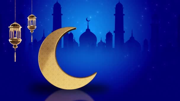 4K Eid mubarak disegno islamico appeso lanterna candela ramadan e moschea, Astratto sfondo animazione . — Video Stock