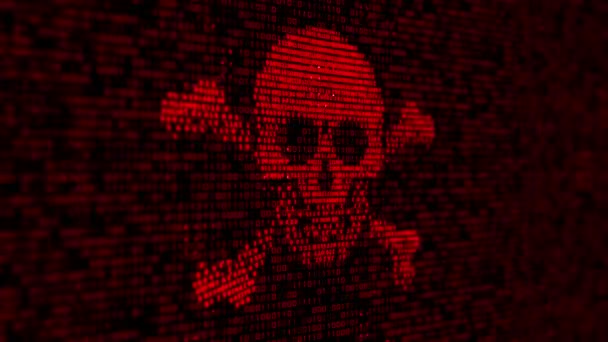 Serveur d'ordinateur a été attaqué par des logiciels malveillants par un pirate, écran d'alerte de symbole de crâne de mort binaire. — Video