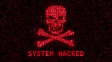 Kırık teknolojiyle yazılmış harflerden yapılmış kemikleri olan bir kafatası. yazılım korsanlığı,