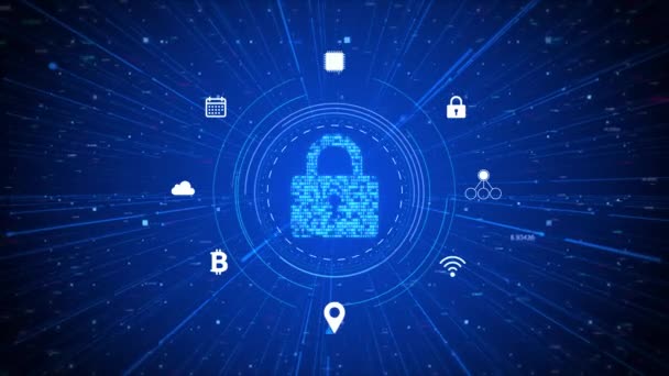 Internet numérique 4K Cyber Security Lock Icône de protection de réseau de données Animation de boucle. — Video