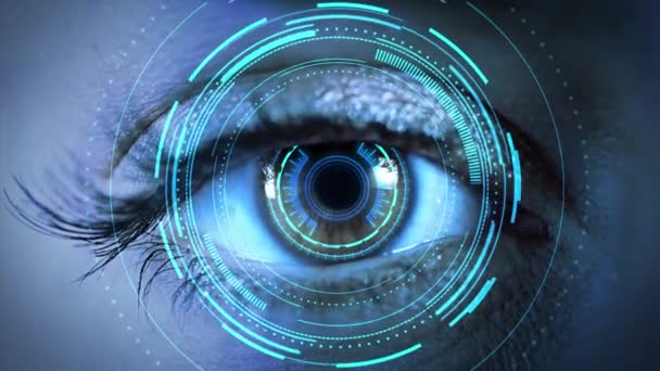 Cyberspace Broncodes Animatie van scope scanning en globe van netwerk van verbindingen oog. — Stockvideo