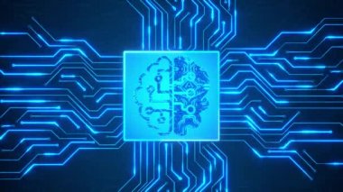 Yapay Zeka Dijital Beyin teklifi Veri Ai yonga seti fütüristik döngü animasyonunda devre kartında.