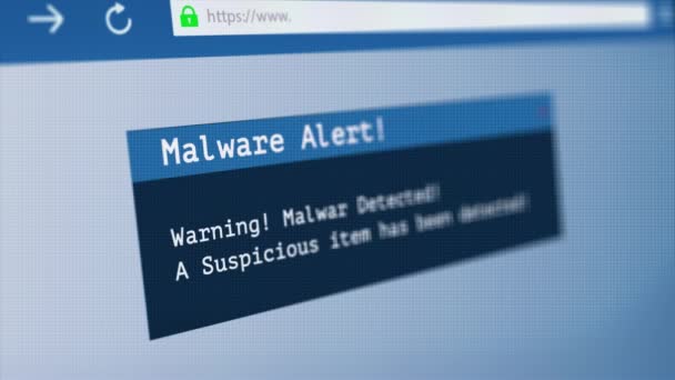 Virenmalware Warnung vor einem gehackten System. Virus, Cyber-Angriff, Malware-Konzept. 3D-Darstellung. — Stockvideo