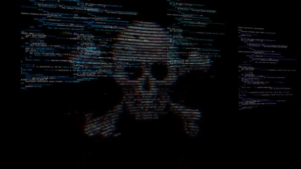 Абстрактна система черепа, що зламує бінарний код атаки. Безпека онлайн . — стокове відео