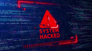 Sistemin hacklendiğine dair uyarı. Virüs, siber saldırı, kötü amaçlı yazılım konsepti. 4K 3d görüntüleme.