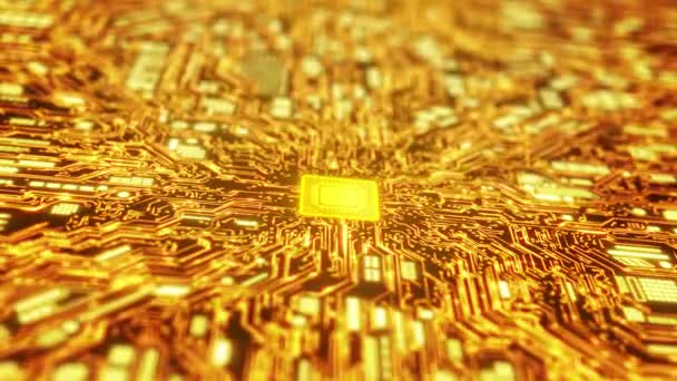 Visualisation 4K du processeur CPU de carte de circuit imprimé Thème d'or Début de la numérisation BG. — Video