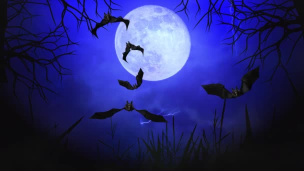 Nacht van halloween blauwe hemel achtergrond animatie met de van blauwe hemel, maan, mist, vliegende vleermuizen. — Stockvideo