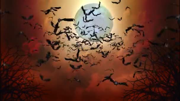 4K morcegos voadores Halloween lua cheia brilhante e silhueta de castelo velho. casa assustadora na noite escura Fundos. — Vídeo de Stock