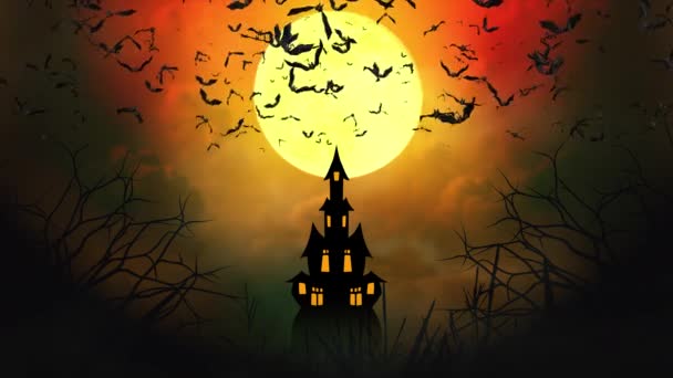 4K Flying bats Halloween bright full moon and old castle silhouette. scary house at dark night Backgrounds. — Stock Video