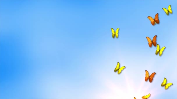 Beautiful spring and summer design 4K animation with butterflies on light blue sky background. — Stock Video