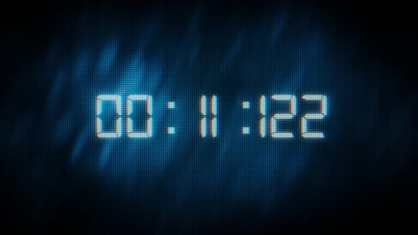 Countdown Timer En minut Digital Tech klocka timer av glödande led Blå siffror bakgrund. — Stockvideo