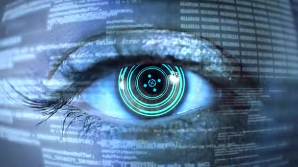 Ochi cu sistem de viziune futurist Cod de program pe un ecran de calculator. Conceptul de dezvoltare software și hacking. — Videoclip de stoc
