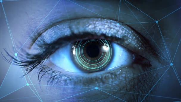 Virtual Reality Futuristisk teknisk skanning av ansiktsigenkänning och skannad person. — Stockvideo