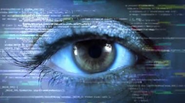 4K Dijital yenilikçi göz numaraları hacker veri matrisi ağı animasyonu bağlıyor.