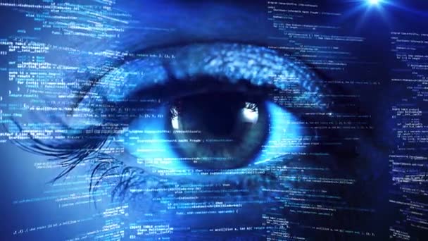 Technologia 4K Futurystyczny strumień danych w cyberprzestrzeni Zbliżenie Oko Animacja. — Wideo stockowe