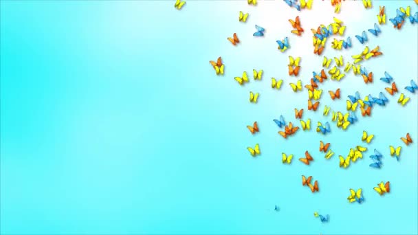 Abstrakte Schöne Sommer Natur Hintergrund. Bunte Schmetterlinge und blauer Himmel mit weißen Wolken. — Stockvideo