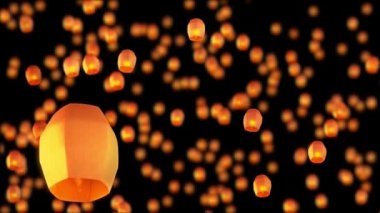 4K döngü tebrik kartı ve gece gökyüzünde uçan kağıt fenerler. Geleneksel Kızılderili,