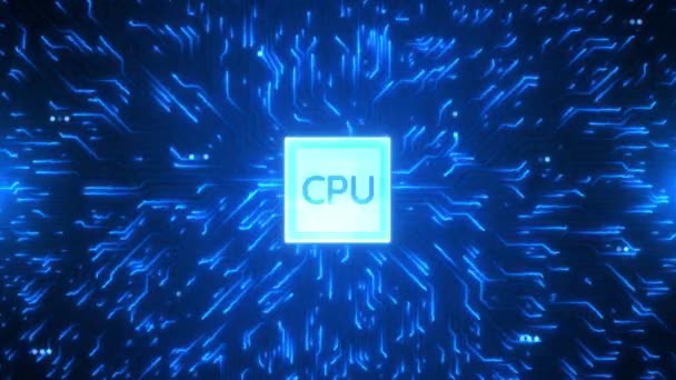 4K Döngü Animasyonu Fütürist devre kartı hareket eden elektronlar CPU üzerinde sona erer. — Stok video