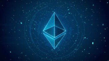 4K 3D parlayan parçacıklardan oluşan kripto para birimi Ethereum. Arkaplan 3d Ethereum simgesi,