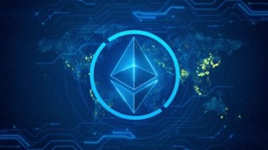 Dijital siber uzay döngüsü animasyonunda Ethereum ETH World dijital para birimi sembolü.
