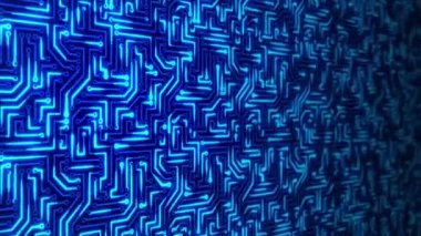 Elektron Döngüsü Arkaplan Canlandırması ile mavi fütüristik devre kartının 3B görüntülenmesi.