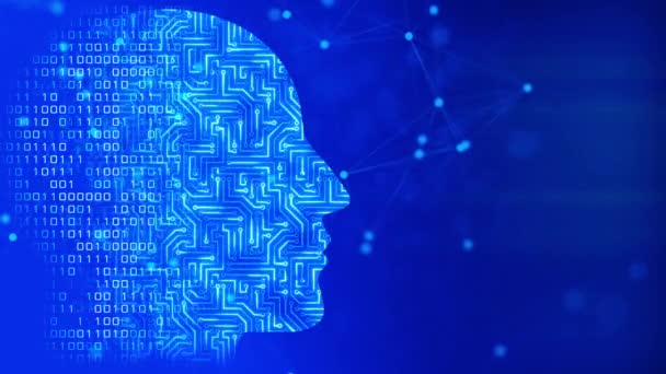 Zukünftige KI-Technologie maschinelles Lernen, Gesichtskontur der Leiterplatte und binärer Datenfluss auf blauem Schleifenhintergrund. — Stockvideo