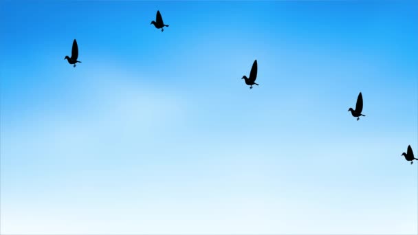 Animación 4K del grupo de aves flamencas volando sobre un fondo azul claro del cielo. — Vídeo de stock