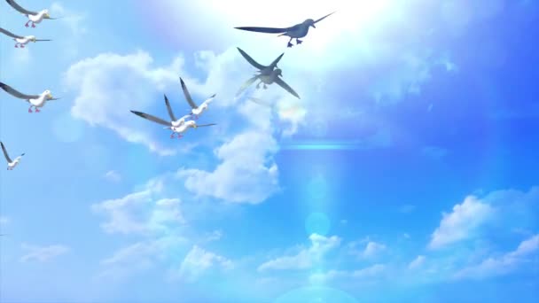Η σιλουέτα των πουλιών πετάει στον γαλάζιο ουρανό. Πουλιά σε ανοιξιάτικα σύννεφα. Πτηνά που πετούν στον αέρα. — Αρχείο Βίντεο