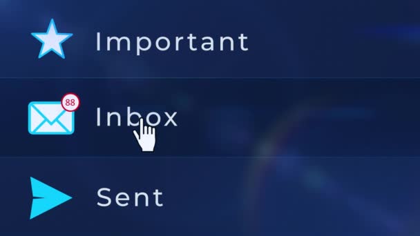 受信トレイを開く画面上の新しい電子メール通知番号マウスクリック背景. — ストック動画