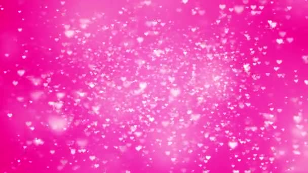 4K Corazones brillantes y bokeh flotando suavemente sobre un fondo rosa. corazones de amor. — Vídeo de stock