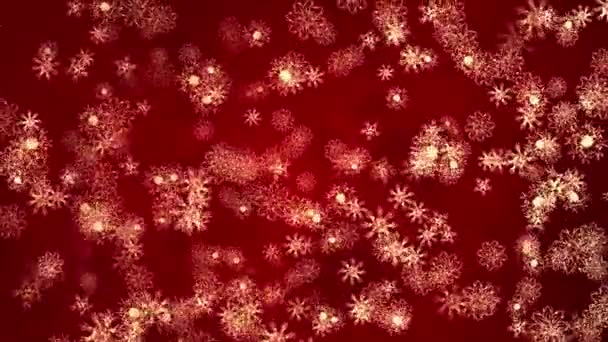 Красные снежинки-конфетти и огни боке на красном фоне 4k 3D. 2023 год — стоковое видео