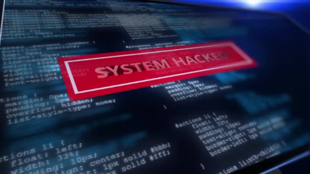 3D Предупреждение о взломе системы. Вирус, кибератака, вредоносное ПО. взломанная голограмма. — стоковое видео