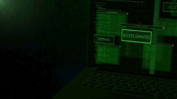 Cyberaanval en database hack, Computer Screen close-up van een hacker aanval, Code draait in een virtuele ruimte. — Stockvideo