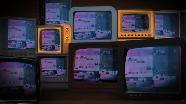 3d Loop Animatie van televisies zonder signaal en blanco groen scherm monitor, — Stockvideo