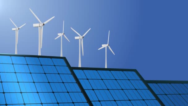 Painéis solares e turbinas eólicas hélices de turbina eólica Loop Animation Background. — Vídeo de Stock