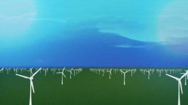 Çevre enerji çiftliğindeki dönen rüzgar türbinlerinin Döngü Canlandırma Arkaplanı.
