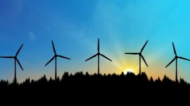 4K 3D rüzgar türbini çiftlik enerji depolama sistemi. Yenilenebilir enerji santralleri Döngü Canlandırması.