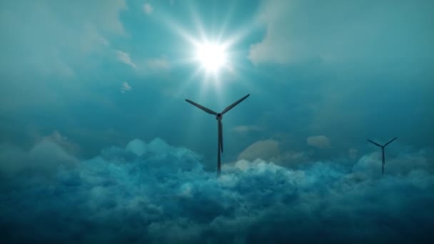 Sky Clouds Windmolenpark Windturbines die elektriciteit opwekken Windenergie Cirkel Animatie Achtergrond. — Stockvideo