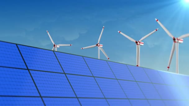 Solar Panels and Wind Turbines wind turbine propellers Loop Animation Background. — Stock Video