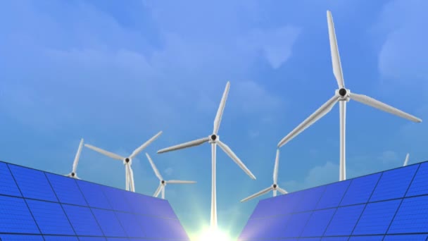 Eco green energy concept Loop Animation Παραγωγή πράσινου χλοοκοπτικού από ανεμογεννήτριες και ηλιακούς συλλέκτες. — Αρχείο Βίντεο