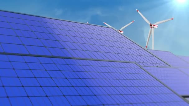 4Kソーラーパネルは、クリーンな生態電力を生産するために設置された。再生可能エネルギーの概念の生産. — ストック動画