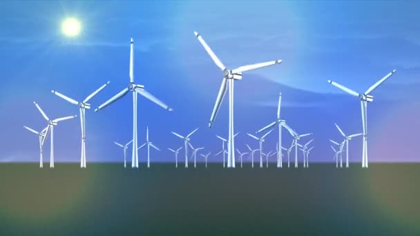 Wind Turbines in a farm, generating renewable electrical energy in environmentally friendly power plant, — 비디오